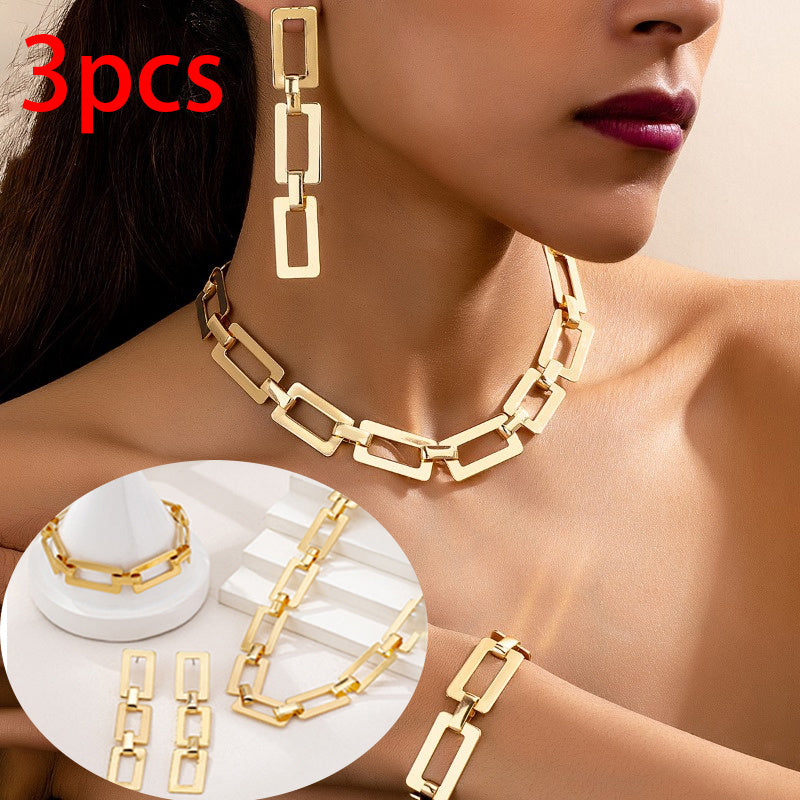 3pcs Personalized, Fashionable, Elegant, Retro Style Golden Necklace, Geometric Earrings, Bracelet Jewelry, Square Style Leopard Print Golden Necklace, Bracelet Earrings Set Suitable for Parties and Banquets